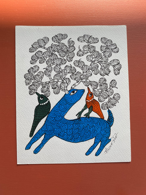 Traditional Gond wall painting of Cow and Hiran - Set of 2